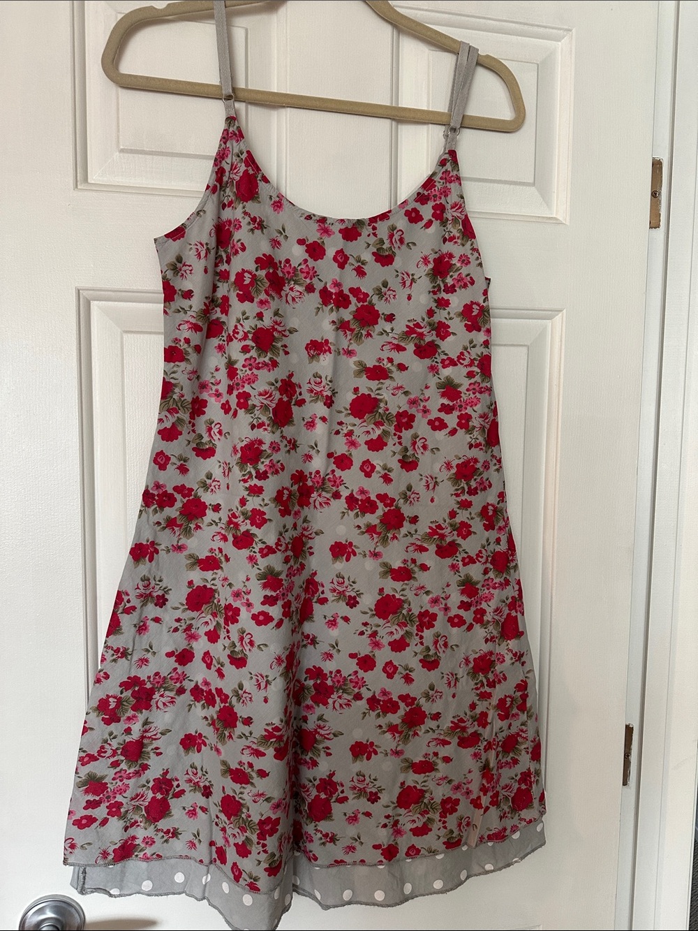 Reversible Floral and Polka Dot Slip Dress with Spaghetti Straps - Pink on Gray